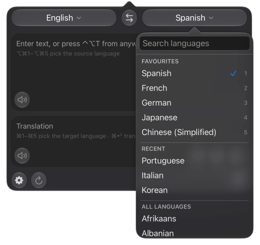 The popover with the language list open: Spanish, French, German, Japanese and Chinese pinned to slots 1 to 5, and the shortcut hints in the empty editor behind it