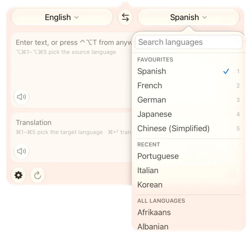 The popover with the language list open: Spanish, French, German, Japanese and Chinese pinned to slots 1 to 5, and the shortcut hints in the empty editor behind it
