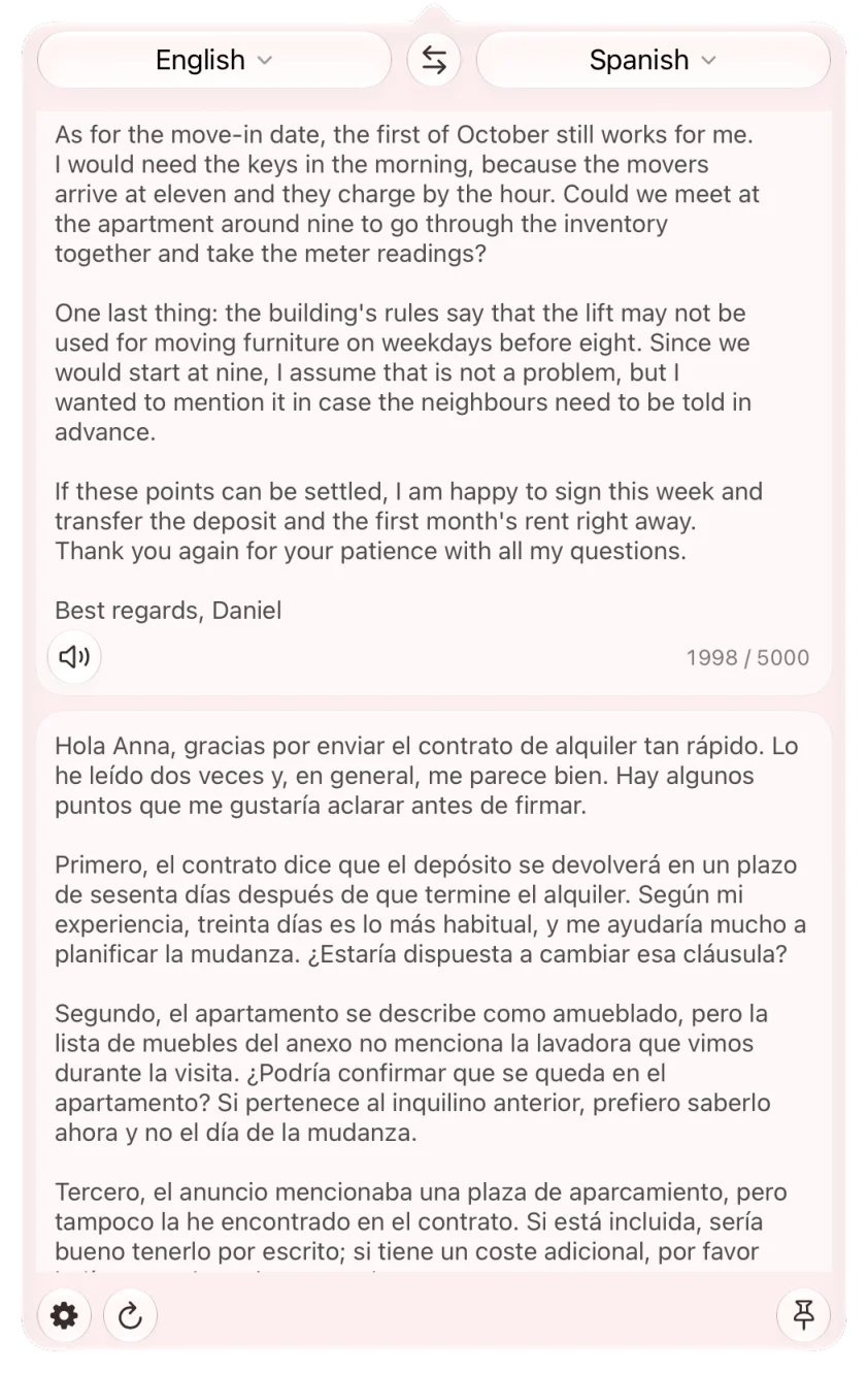 A long letter as one continuous page, scrolled to the seam where the original ends and the translation begins