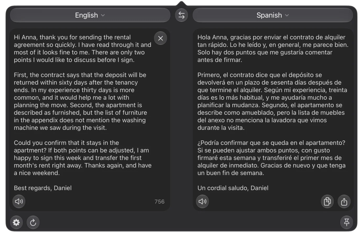 The same letter in two columns: original on the left, translation on the right