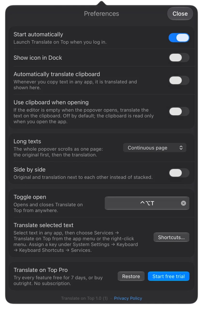 The Preferences panel: startup, Dock icon, clipboard, long-text layout, shortcut settings and the one-time purchase
